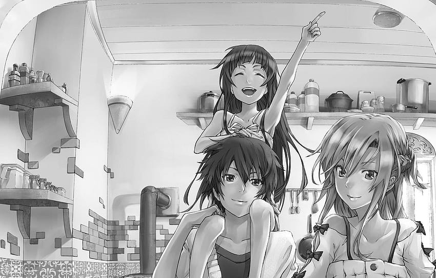 girl, love, happiness, smile, black and white, anime, family, kitchen, girl, banks, guy, Sword Art Online , section сёдзё, kitchen anime art HD wallpaper