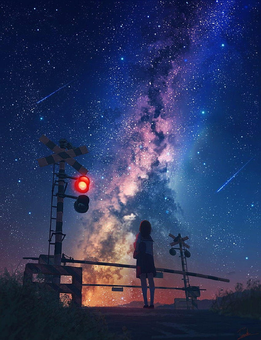 : anime, galaxy, shooting stars, railway crossing, shooting stars in the sky HD phone wallpaper