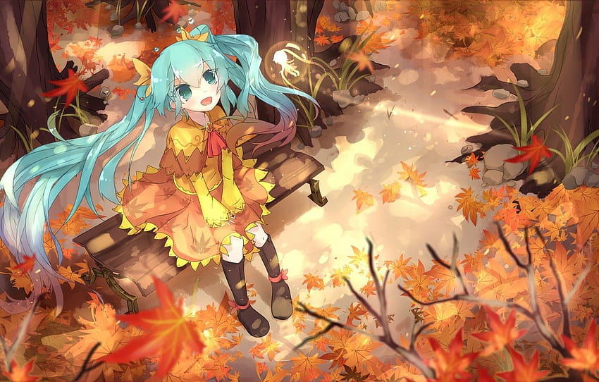 otoño, hojas, niña, alegría, magia, anime, arte, vocaloid, hatsune miku, tú, sección арт, anime de otoño fondo de pantalla