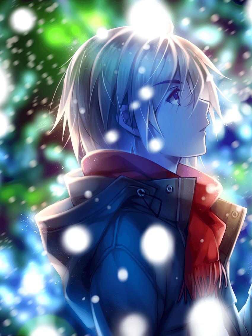 Anime Boy, Profilansicht, roter Schal, Winter, Schnee, Kaffee, Junge Winter HD-Handy-Hintergrundbild