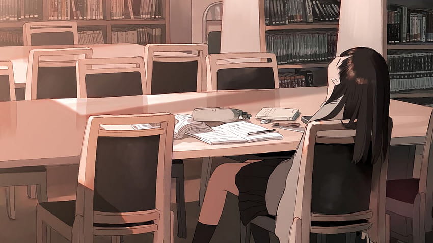 menina, biblioteca, estudo, anime, estudo de menina de anime papel de parede HD