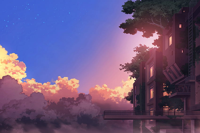 2560x1700 Anime-Landschaft, Gebäude, Sonnenuntergang, Wolken, szenisch für Chromebook Pixel, lila Anime-Landschaft HD-Hintergrundbild