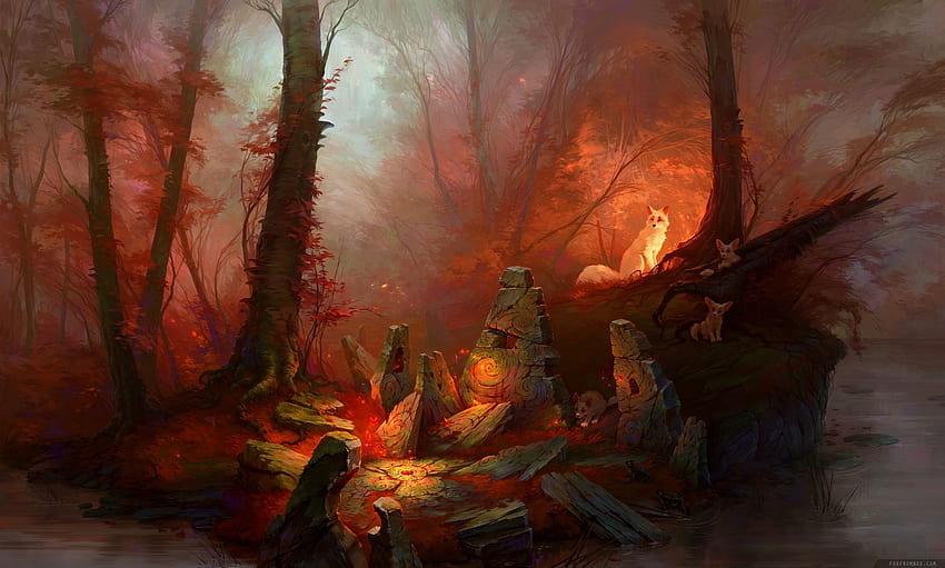 6126467 / art, forest, fantasy, luminos, orange, fox, stone, alina ivanchenko, vulpe, orange fox HD wallpaper