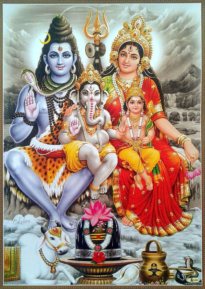 Лорд Шива със семейството си Художник: C.Vishnu, лорд Шива и Парвати HD тапет за телефон