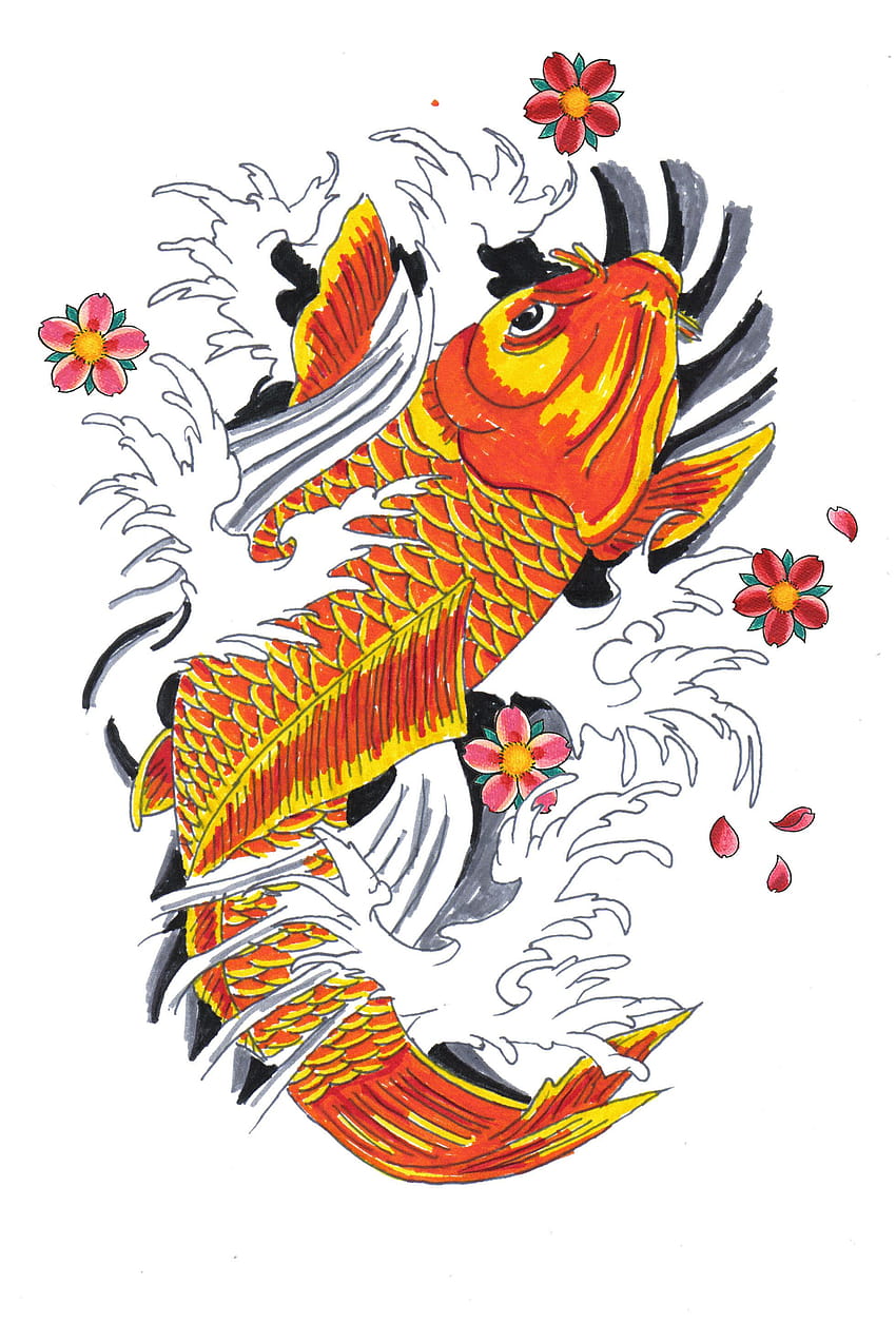 Bonito diseño de tatuaje de flores y peces carpa, tatuaje de pez koi fondo de pantalla del teléfono