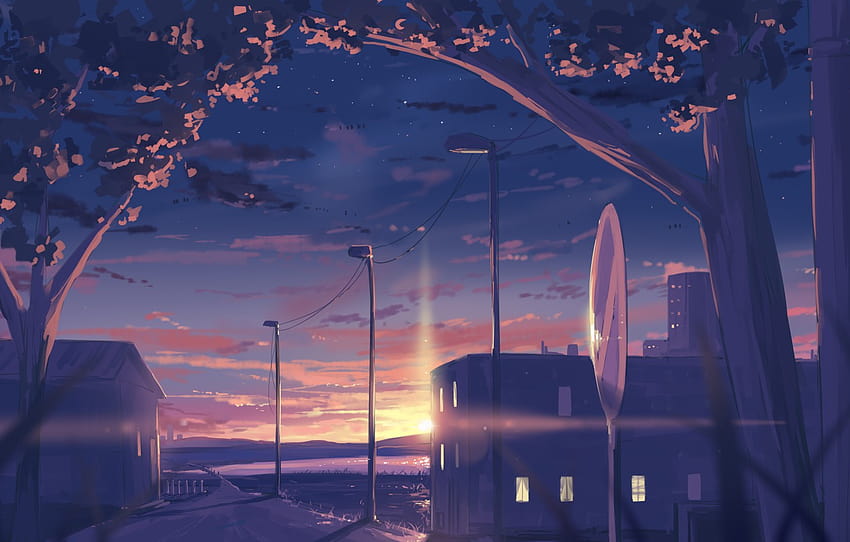 път, небето, вода, слънце, залез, улица, дом, раздел арт, лилава сцена аниме HD тапет