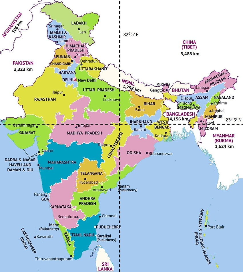 Fronteras terrestres de India, mapa físico de India fondo de pantalla del teléfono
