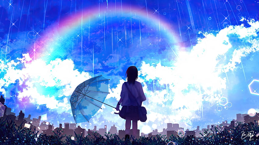 300651 Anime, Dziewczyna, Tęcza, Sceneria, Deszcz, Parasol, tęcza anime Tapeta HD