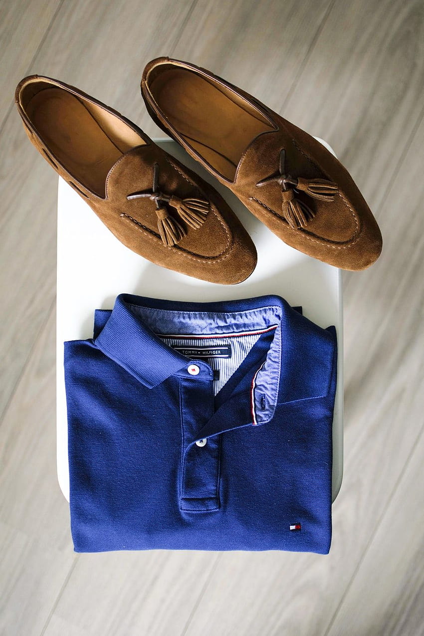 pair of brown loafers and blue polo shirt – Shoe on HD phone wallpaper
