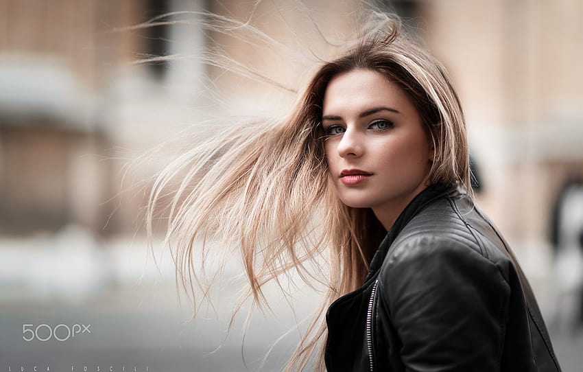 girl, long hair, grapher, blue eyes, model, lips, face, blonde, portrait, jacket, mouth, makeup, red lipstick, leather jacket, lipstick , section девушки, blonde leather jacket HD wallpaper