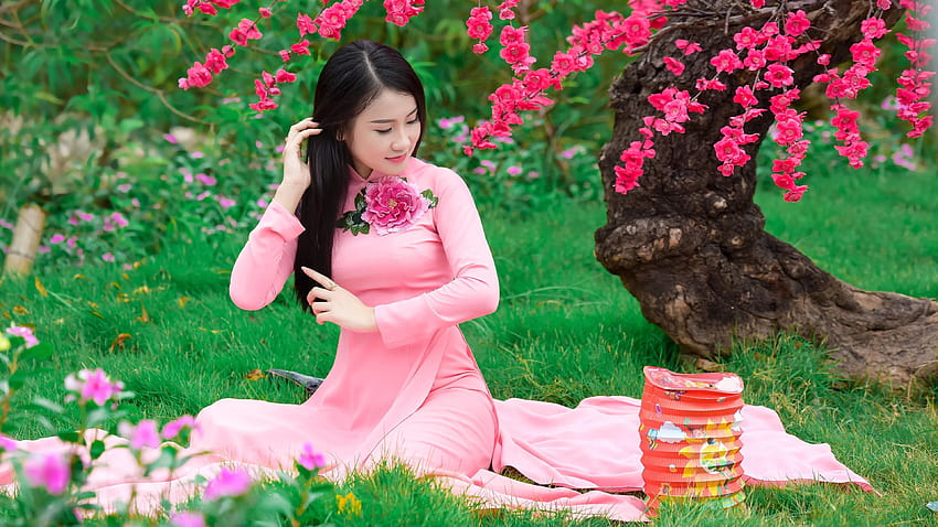 Sakura fioritura, bella ragazza cinese, rosa, migliori ragazze cinesi Sfondo HD
