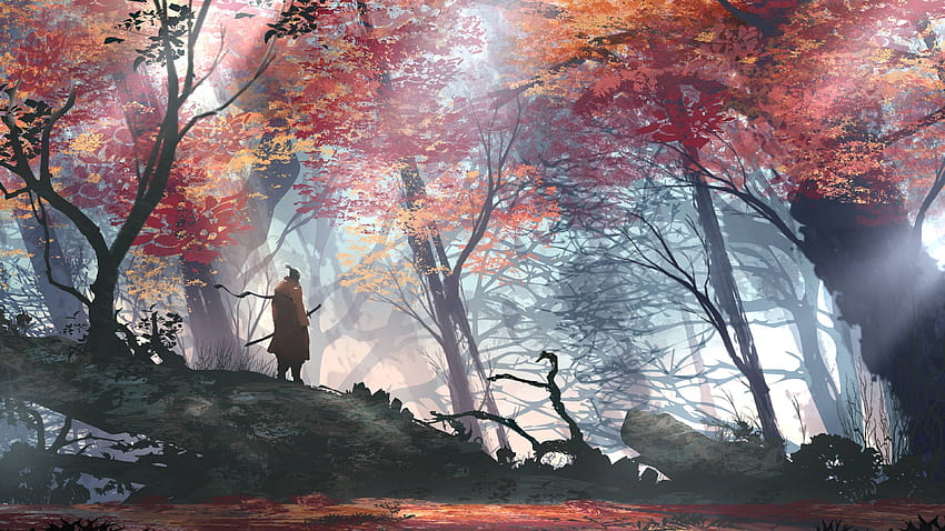 3840x2160 аниме човек, самурай, есен, живопис, гора, меч, дървета за U TV, аниме есен HD тапет