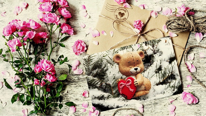Full Screen Teddy Bear With Flowers Card, teddy bear spring HD wallpaper