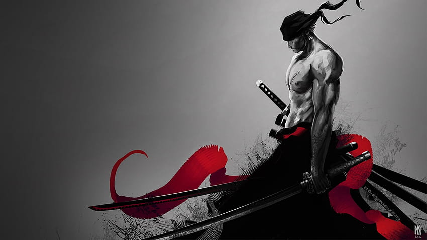 1010570 schwarz, Illustration, rot, selektive Farbgebung, Katana, Fan Art, One Piece, Roronoa Zoro, Computer, Albumcover, Zoro rot und schwarz HD-Hintergrundbild