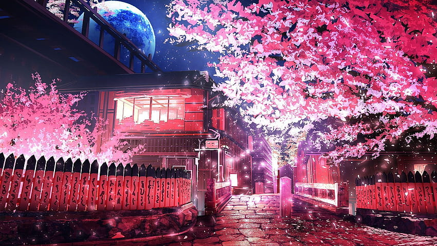 różowe drzewo liściaste sakura, anime różowe drzewo Tapeta HD