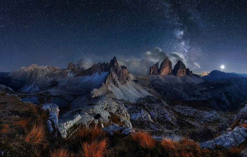 the sky, stars, clouds, night, the milky way, The Dolomites , section пейзажи, dolomites mountains milky way HD wallpaper