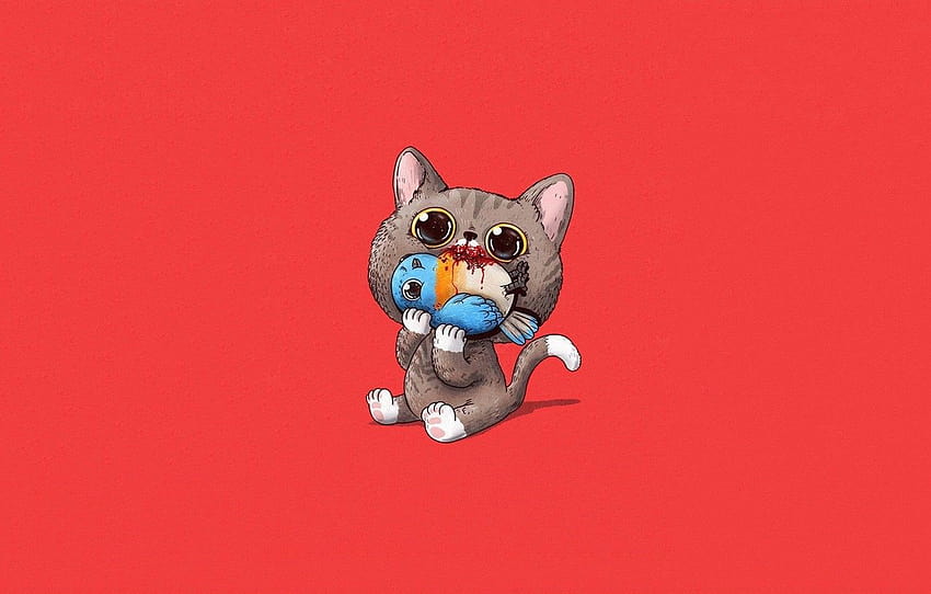 hopelessness, blood, the victim, bird, red background, art, grey cat, Alex Solis, food chain , section минимализм HD wallpaper