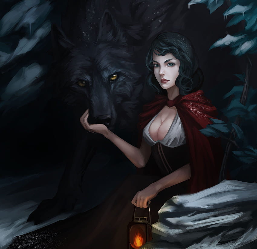 Red Riding Hood Art wolf lantern girl cloak HD wallpaper