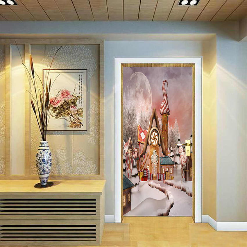 2 sheets/pcs Christmas Snow Scenery Door Sticker Dreaming House Door Poster Pretty Store Cafe Bedroom Decor HD phone wallpaper