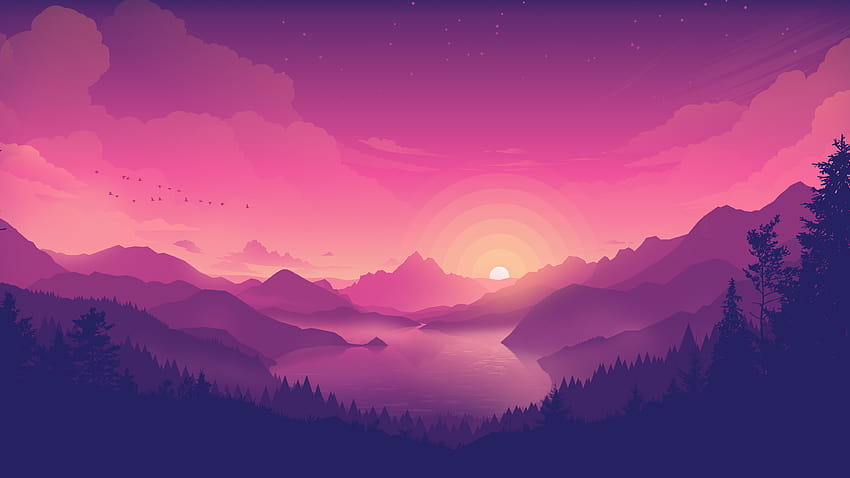 Seeufer, rosa Himmel, Sonnenuntergang, Minimal Art, Natur, ästhetische Landschaft HD-Hintergrundbild