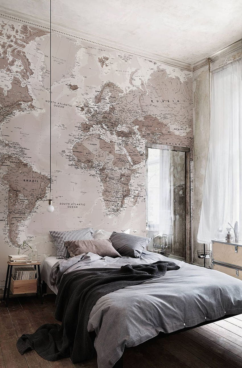 Le papier peint carte du monde plonge la chambre dans une décoration style explorateur HD тапет за телефон