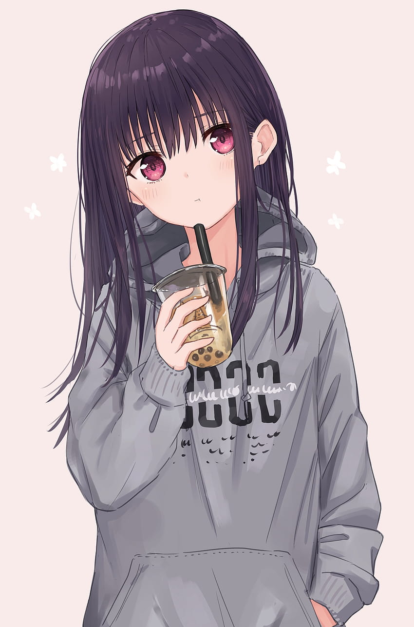 2 süßes Anime-Mädchen, das Boba trinkt HD-Handy-Hintergrundbild