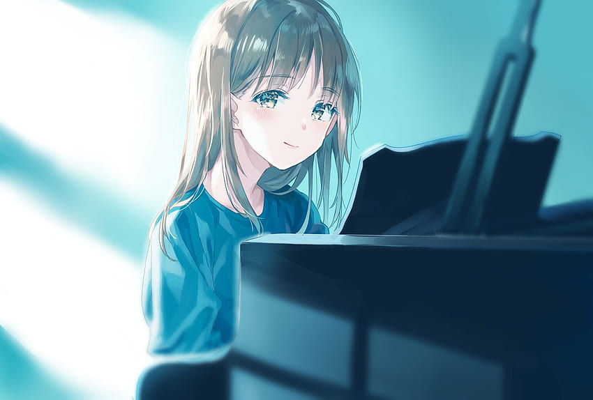 olhos castanhos cabelo castanho instrumento cabelo longo Piano original Suzumi, meninas com piano Anime papel de parede HD