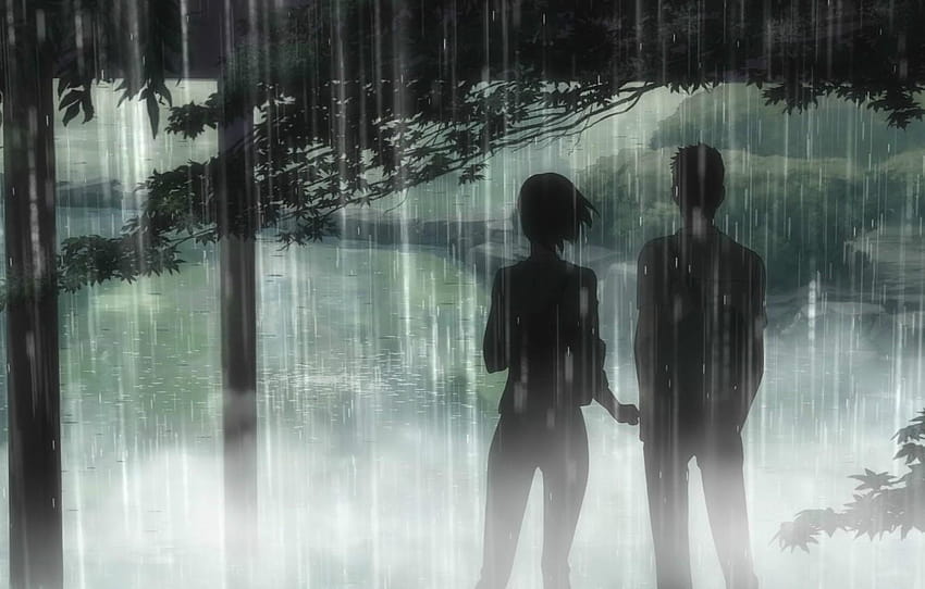 trees, Park, rain, two, the shower, Kotonoha no, kotonoha no niwa HD wallpaper