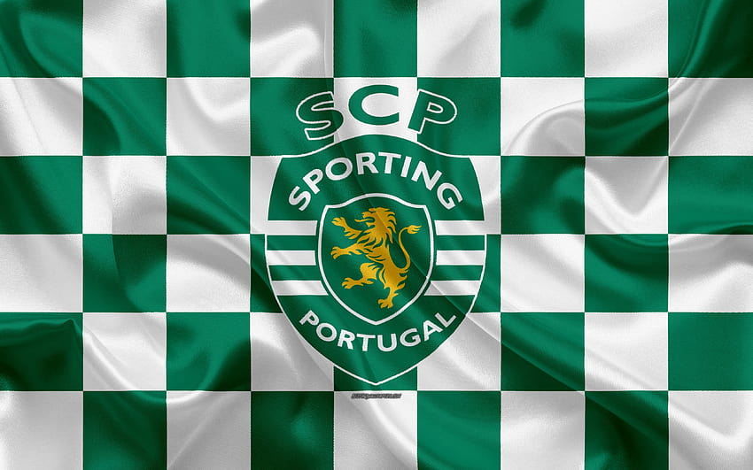 Sporting CP, лого, творческо изкуство, зелено бяло карирано знаме, португалски футболен клуб, Primeira Liga, Liga NOS, емблема, копринена текстура, Лисабон, Португалия, футбол с резолюция 3840x2400. Високо качество HD тапет