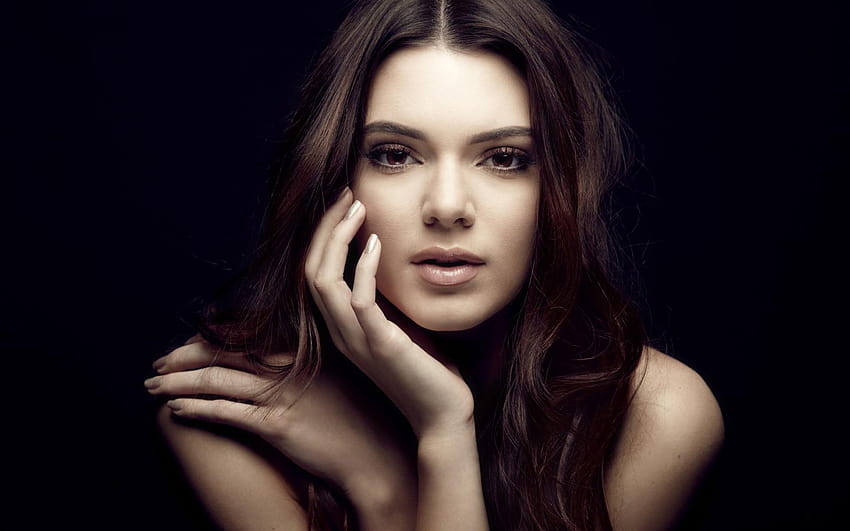Kendall Jenner Model Women Looking At Viewer Long Hair Dark Hair Hand On Face Open Mouth Pink Lipsti HD wallpaper