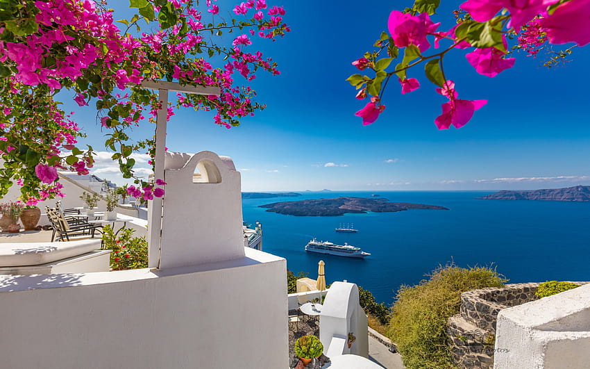 Oia, Santorini, Thira, Morze Egejskie, statek wycieczkowy, białe domy, romantyczna wyspa, grecki kurort, wyspy, Grecja z rozdzielczością 1920x1200. Wysoka jakość Tapeta HD