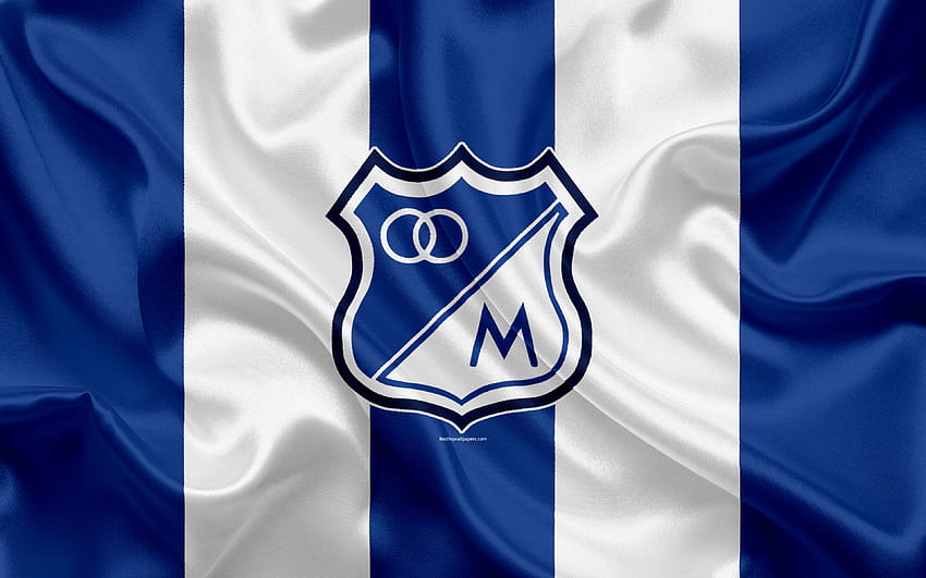 Millonarios FC、ロゴ、コロンビアのサッカー クラブ、シルクのテクスチャ、青白の旗、カテゴリー プリメーラ A、ボゴタ、コロンビア、サッカー、Liga Aguila、解像度 3840x2400。 高品質、 高画質の壁紙