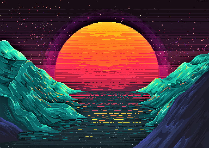 Retrowave, sunset, orange, Art http://www.pxwall/, pixel aesthetic HD wallpaper