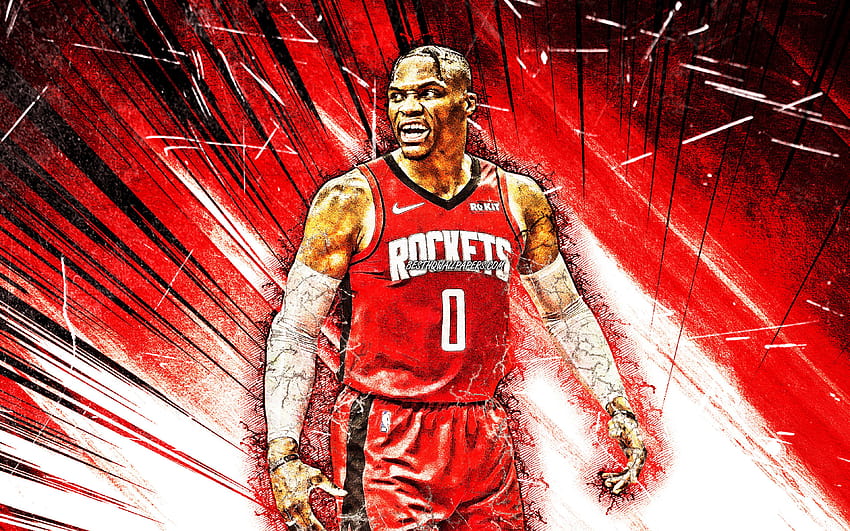 Russell Westbrook, grunge art, Houston Rockets, 2020, NBA, red astract rays, basketball stars, Russell Westbrook III, basketball, USA, Russell Westbrook Houston Rockets, creative, Russell Westbrook with, russell westbrook rockets HD wallpaper