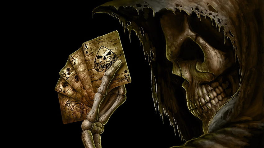 Skeleton holding playing cards illustration, death, cards HD wallpaper