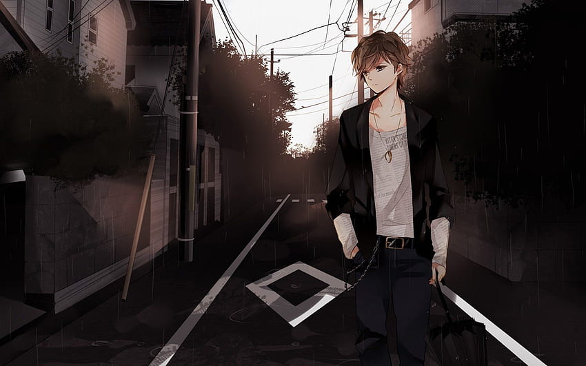 Anime boy cheveux bruns yeux bruns marcher dans la rue, anime boy power up Fond d'écran HD