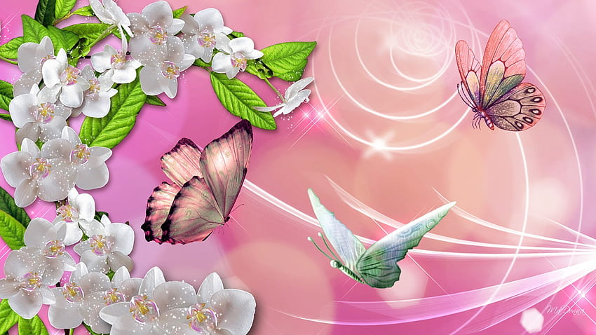Пеперуди Етикет – Листа Вихри Орхидеи Пеперуди Магически пролетни цветя Лято Розови искри Коприна В, мистични пролетни цветя HD тапет