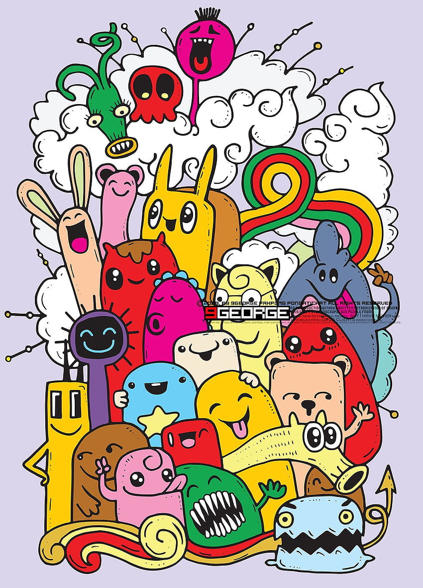 Hipster Disegnato a mano Crazy doodle Gruppo di mostri, stile di disegno. Illustrazione vettoriale, mostro kawaii Sfondo del telefono HD