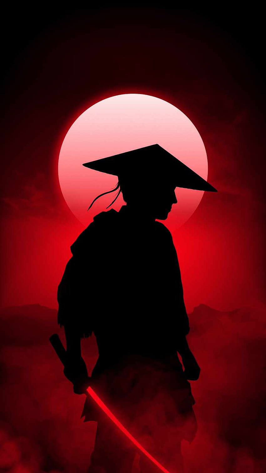 Червената луна на самурая HD тапет за телефон