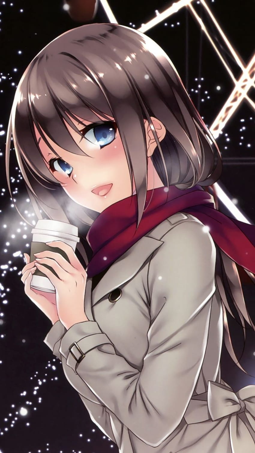 750x1334 drink, coffee, anime girl, winter, anime character drinking coffee HD phone wallpaper