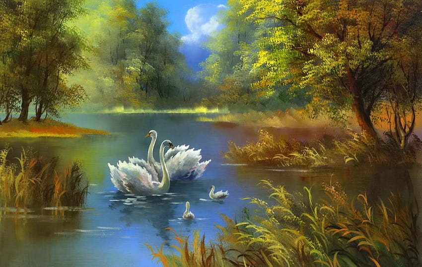 Swan Lake Painting [1211x768] for HD wallpaper