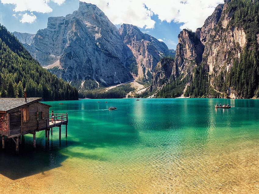 Pragser Wildsee Italy Blue Mountain Lake Clear Water Wooden House On Pillars Rocky Mountains Pine Forest Boating With Boat Summer 2560x1440 : 13 HD wallpaper