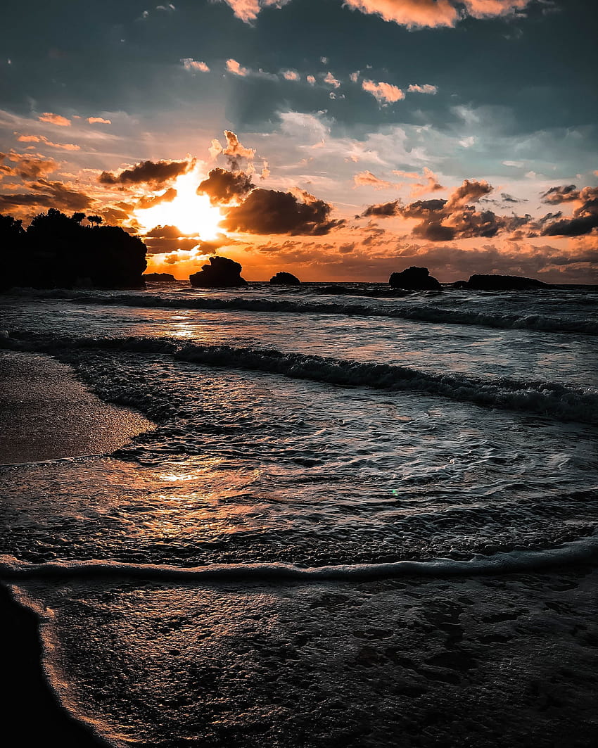 Sky water,beach,sea,ocean,sand,rock,sunset,sunrise,cloudscape,storm, sunset after the storm HD phone wallpaper