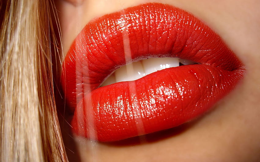 2870296 / women model blonde long hair face red lipstick hair in face closeup gloss open mouth teeth juicy lips, red lip women HD wallpaper