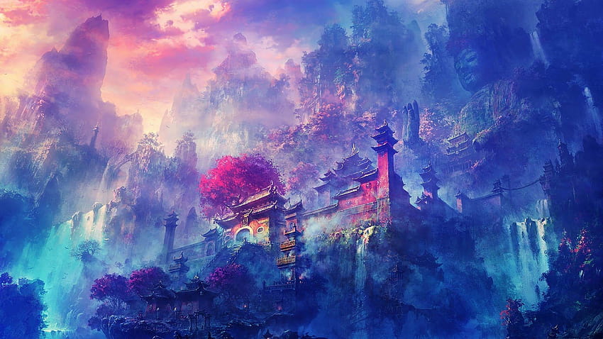 Buddha Oriental Castle Scenery Anime, colorful anime HD wallpaper