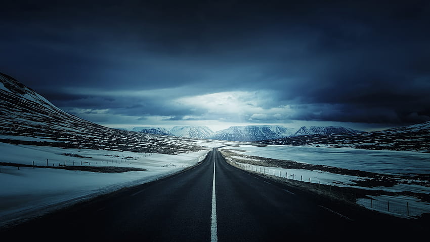 : landscape, nature, sky, snow, winter, road, ice, evening, morning, horizon, Arctic, highway, dusk, zing, infrastructure, cloud, tree, dawn, darkness, highland, 3840x2160 px, computer , atmosphere of earth, mountain range, glacial, winter route HD wallpaper