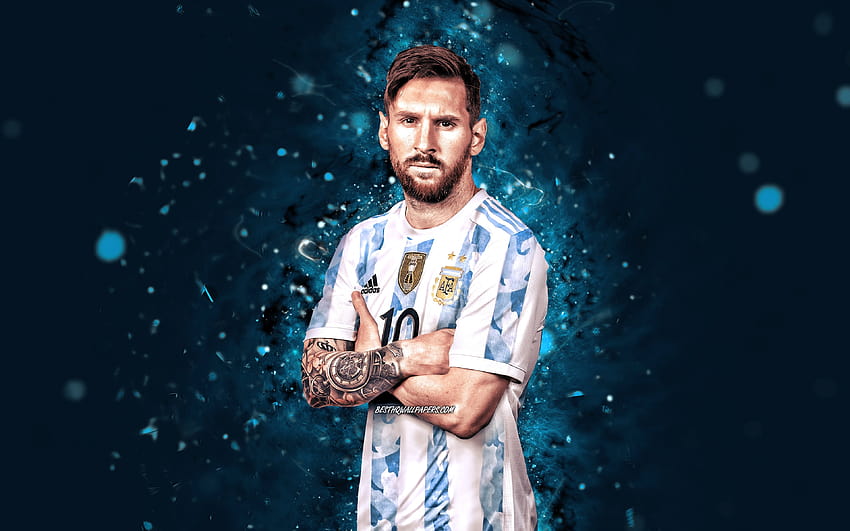 Lionel Messi, 2022, tim sepak bola nasional Argentina, Leo Messi, lampu neon biru, bintang sepak bola, sepak bola, Messi, Tim Nasional Argentina, Lionel Messi dengan resolusi 3840x2400. Kualitas tinggi, messi 2022 Wallpaper HD