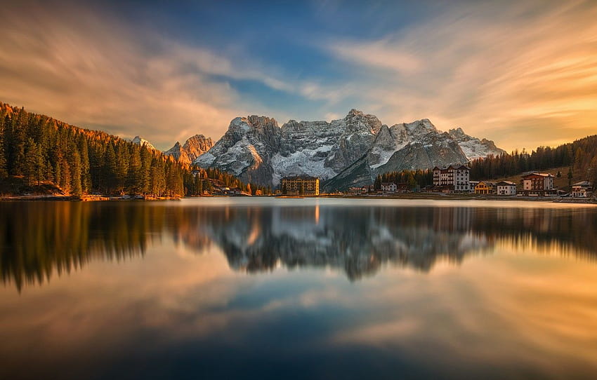 autumn, landscape, sunset, mountains, nature, lake, italian village sunset HD wallpaper