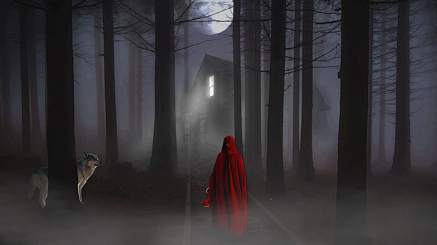 Moon Forest Woman dan Wolf Night Scary View, serigala berhantu Wallpaper HD