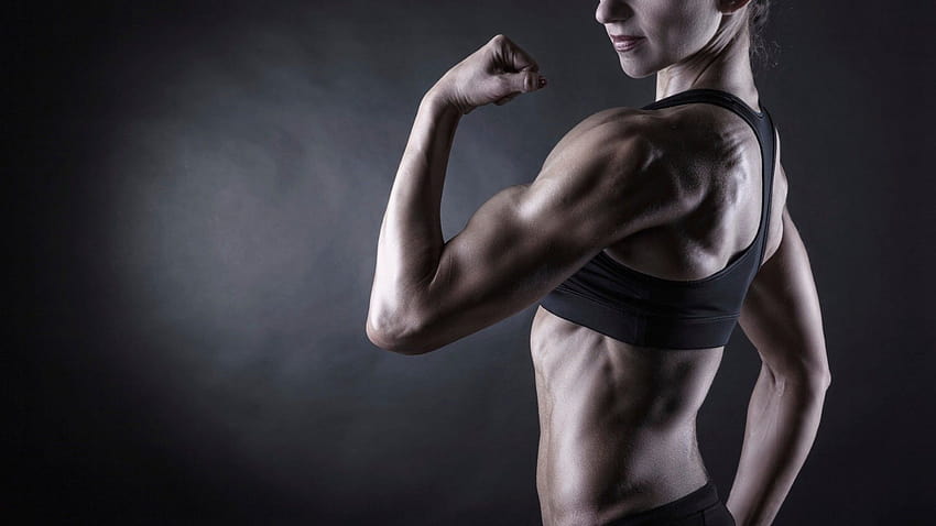 Strong woman showing off biceps, bodybuilding, women muscles HD wallpaper